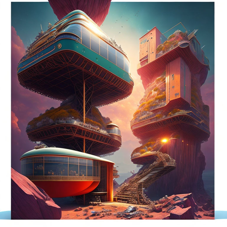 Surreal floating buildings on rocks with staircase at sunset