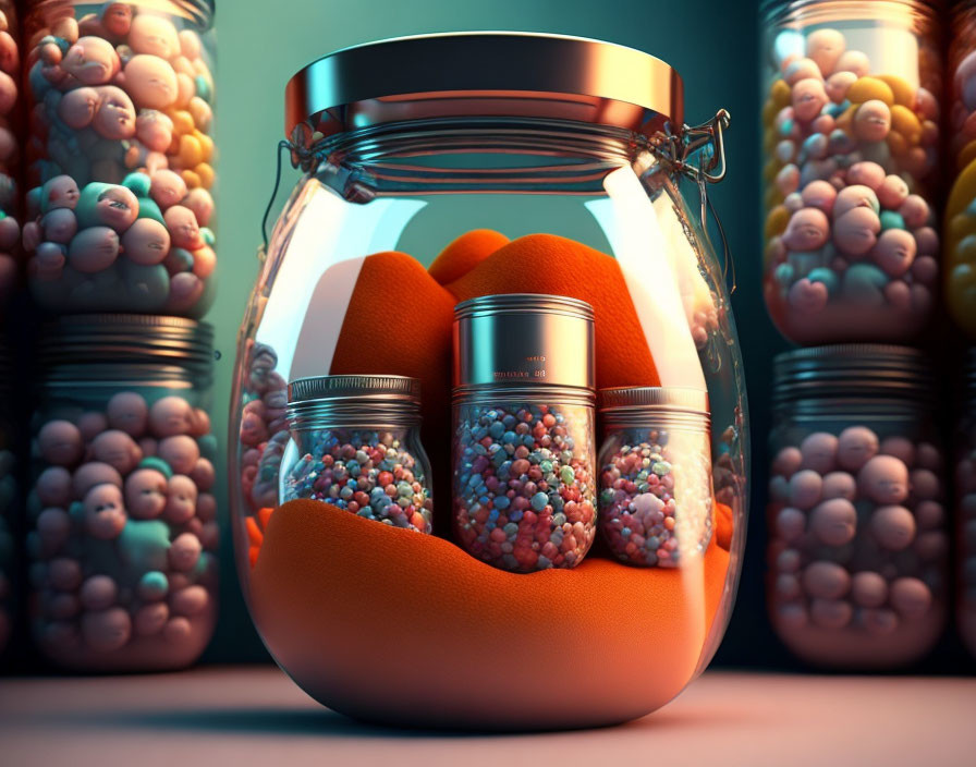 Orange Pills in Clear Jar with Multi-Colored Capsules on Soft Surface