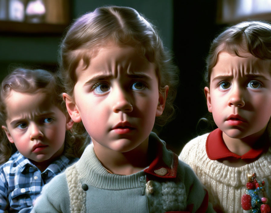 Three concerned young children, two girls and a boy, looking off-camera.