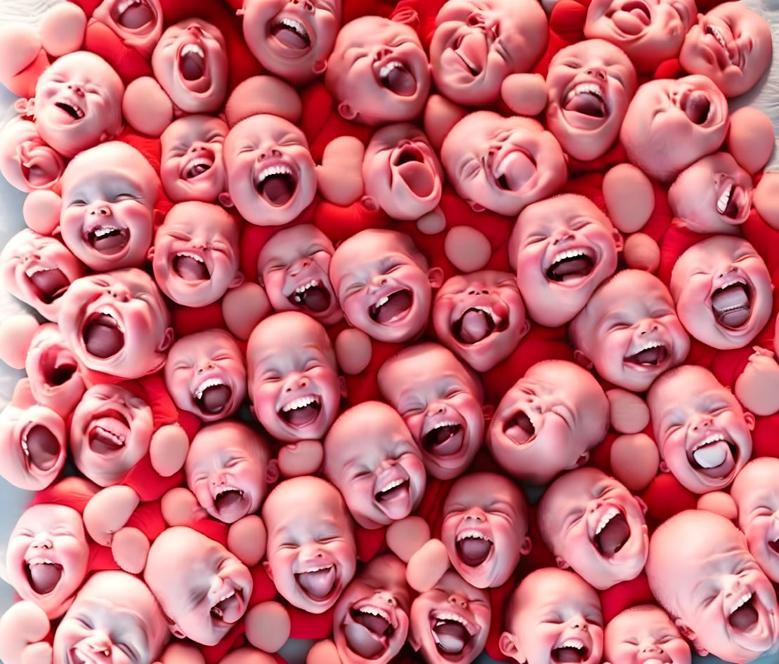 Red laughing baby faces in surreal collection