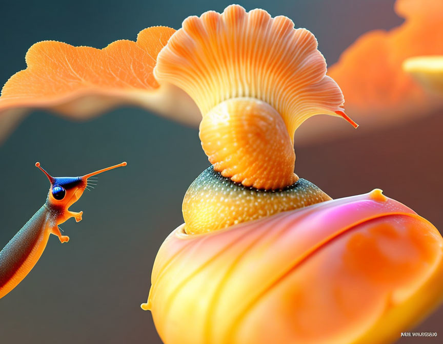 Colorful snail and creature on leaf with fantasy vibe