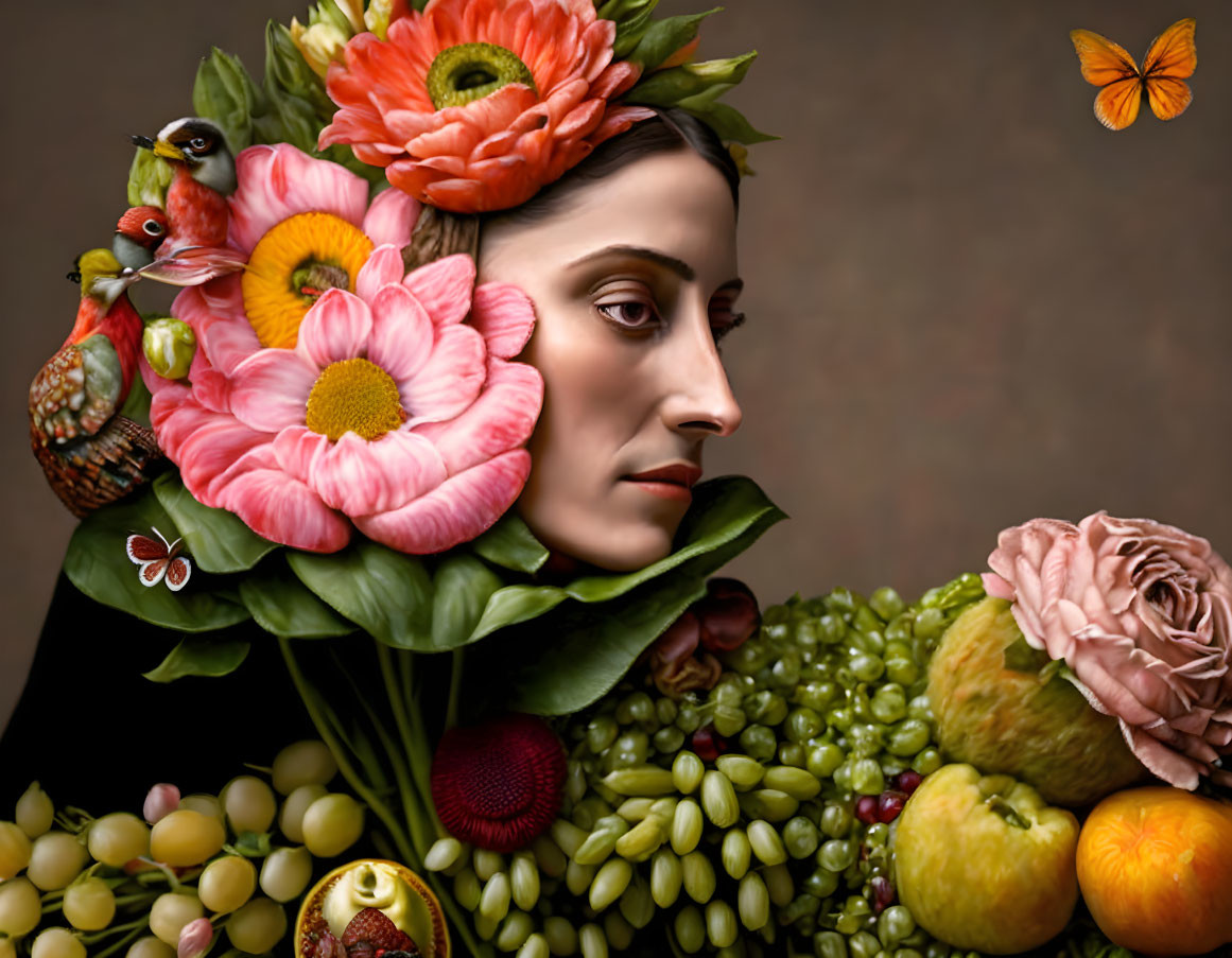 Surreal portrait of woman with flower hair, birds, fruit, butterfly