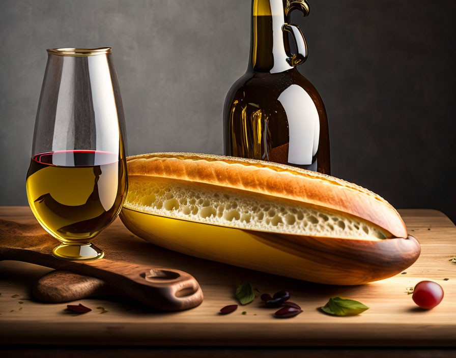 Red Wine Glass, Bottle, Bread, Basil, Tomato on Wooden Board