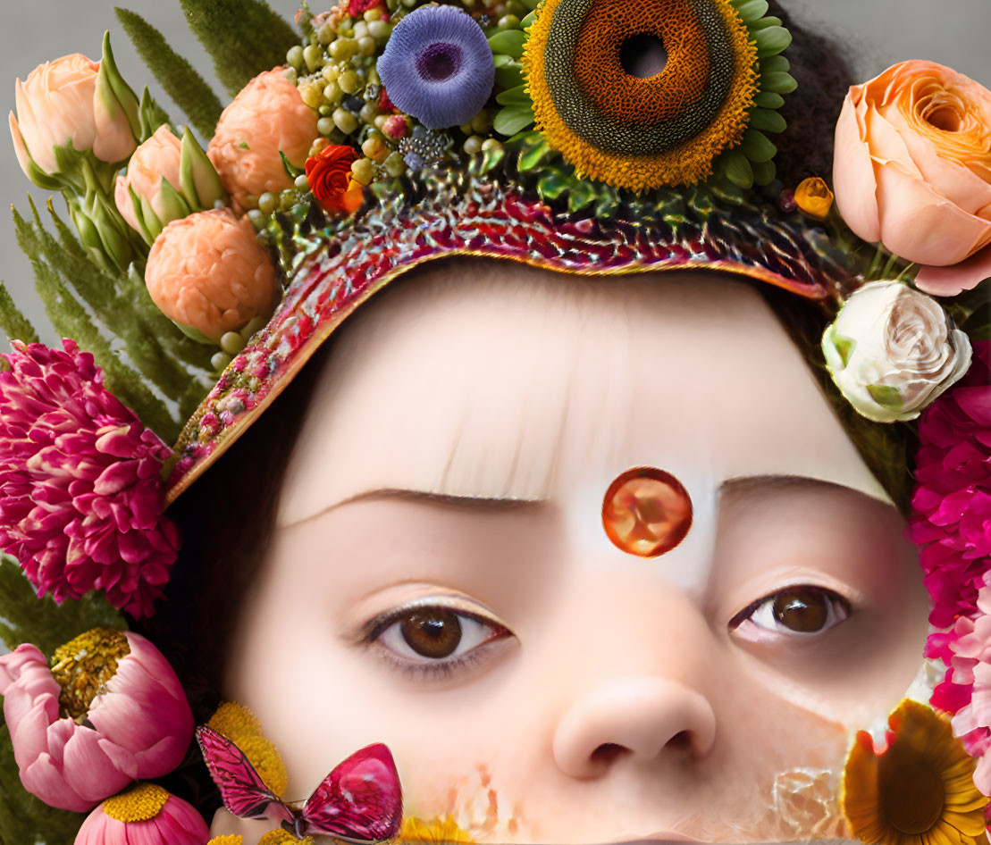 Person's face obscured by vibrant flower crown with gemstone