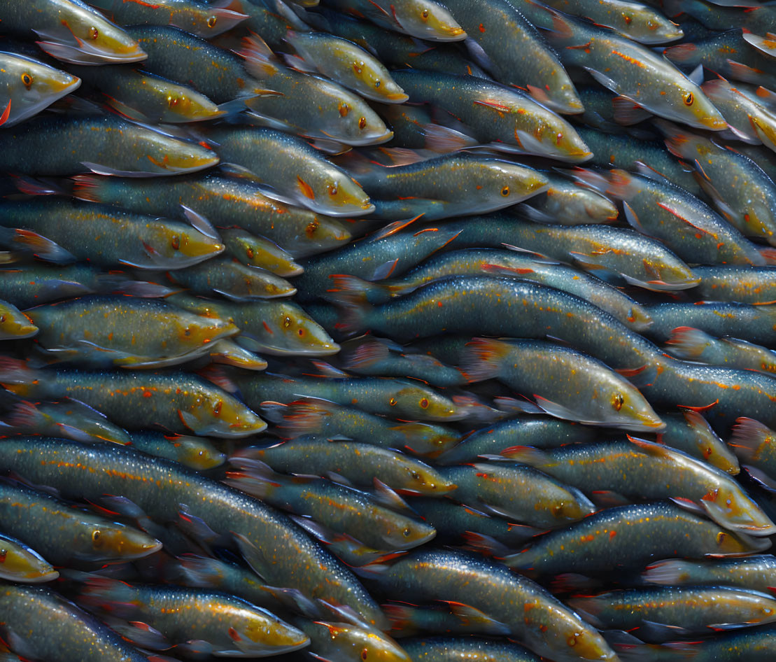 School of Silver Fish with Orange-Tipped Fins Swimming in Unison