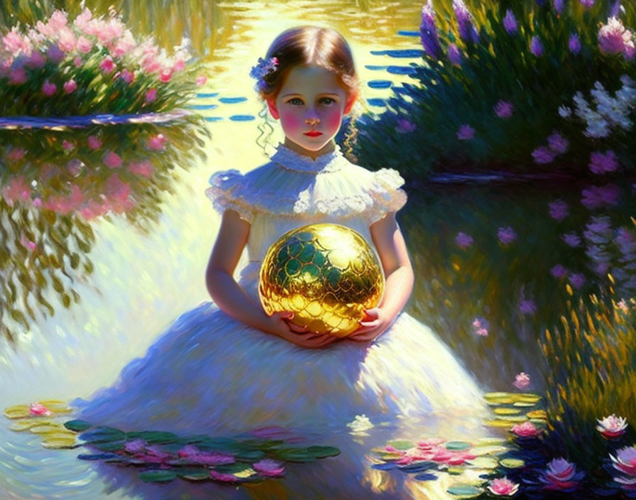 Young girl in white dress with lace collar holding golden orb among flowers in sunlight