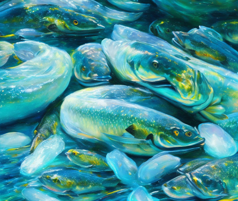 Colorful painting of dense school of fish in shimmering blue and green scales