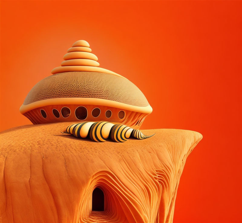 Whimsical orange-toned image of stylized building on carved landscape