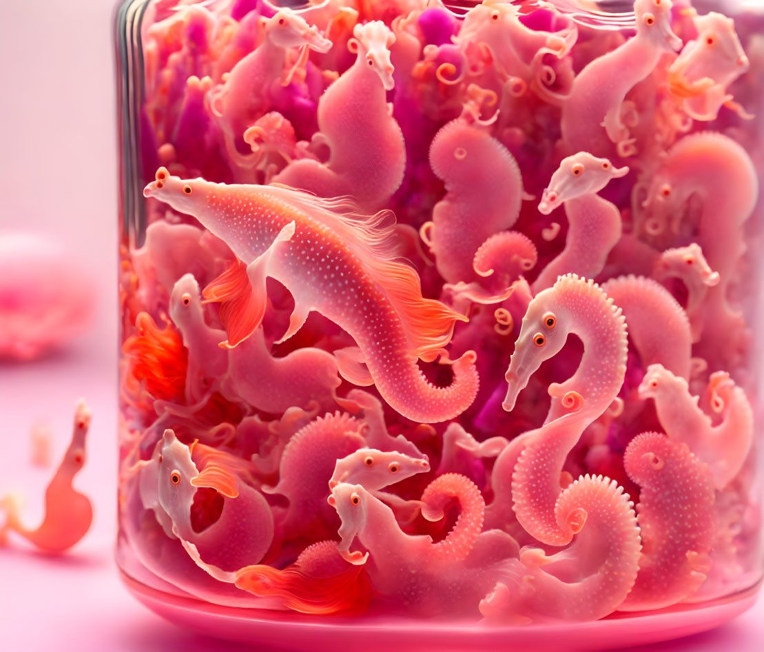 Pink whimsical seahorse figurines in jar on soft pink background