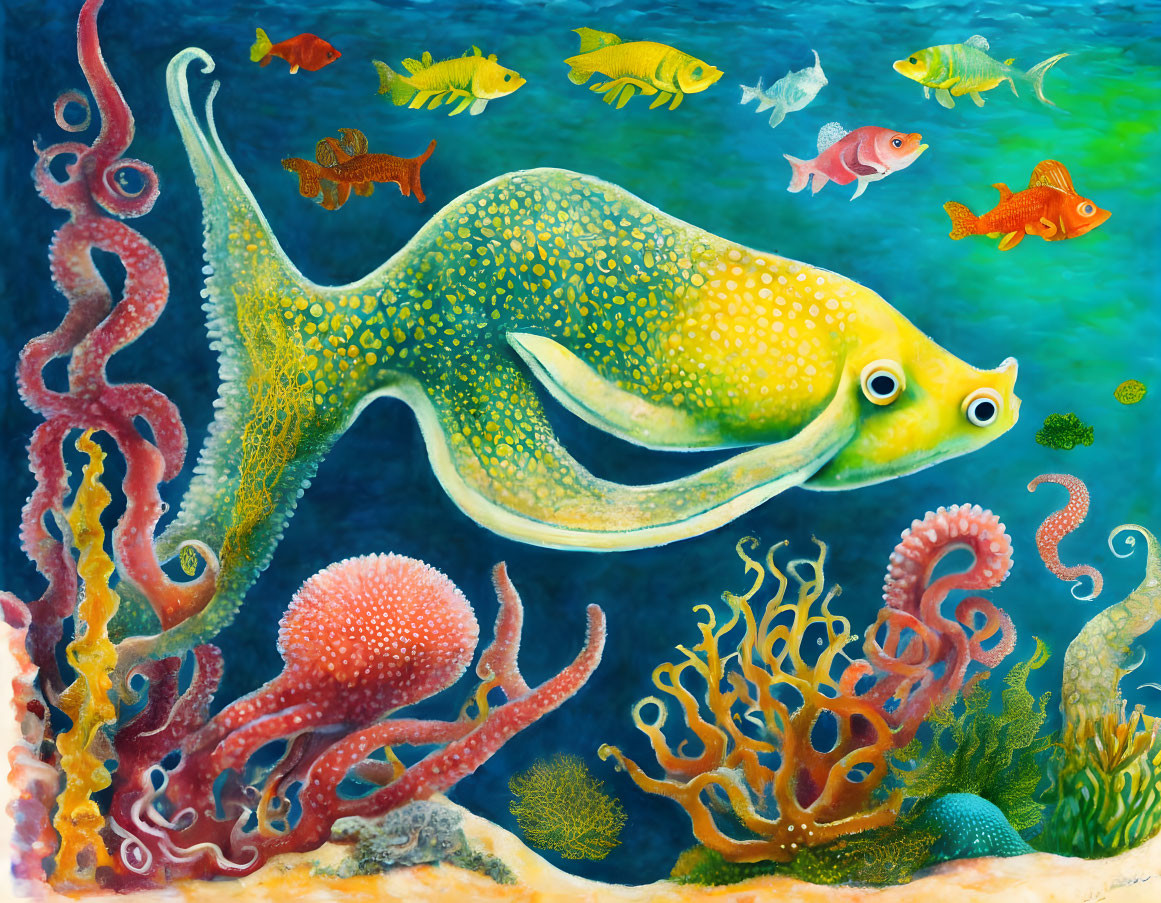 Colorful underwater scene with green fish, coral, and octopus in blue sea