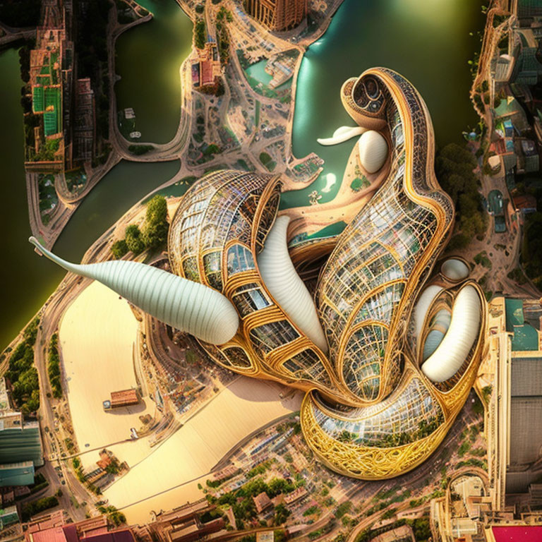 Futuristic building with snake-like design and golden exteriors in urban setting