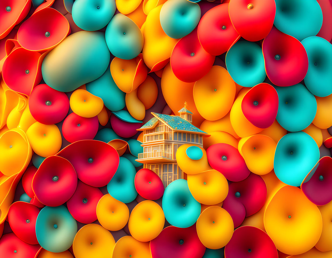 Colorful digital artwork: Detailed house on vibrant balloons