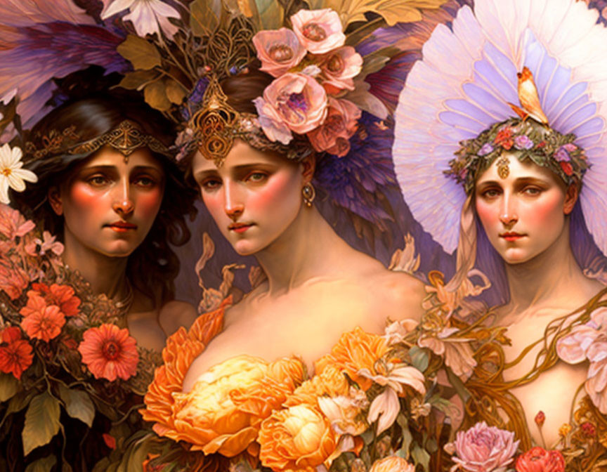 Ethereal women with floral headdresses in warm colors