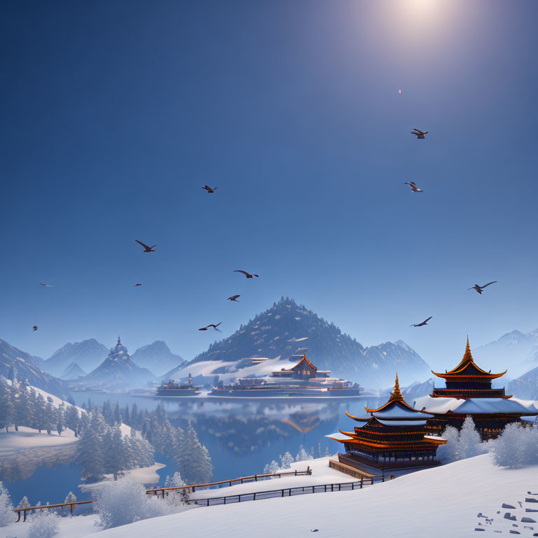 Tranquil Winter Scene: Pagoda Buildings, Snowy Mountains, and Lake