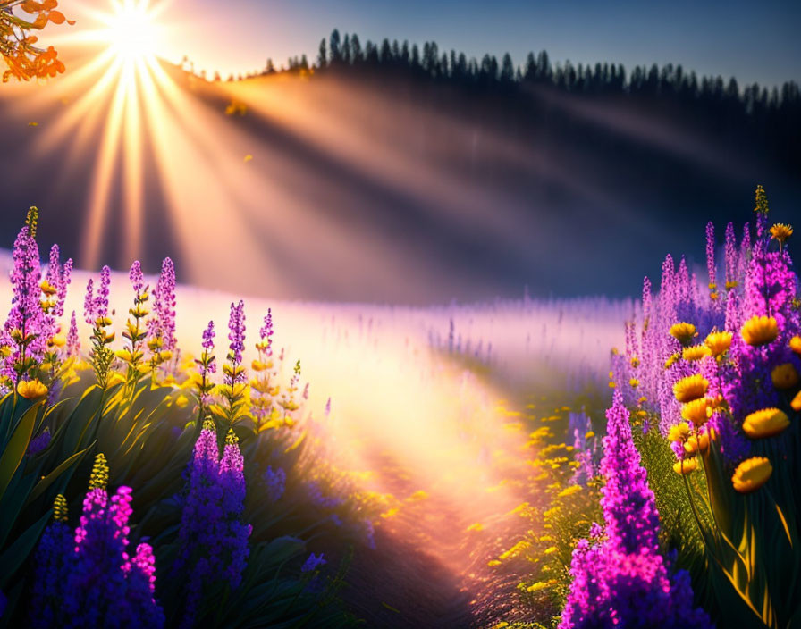 Misty Field at Sunrise with Purple Flowers and Tree Rays