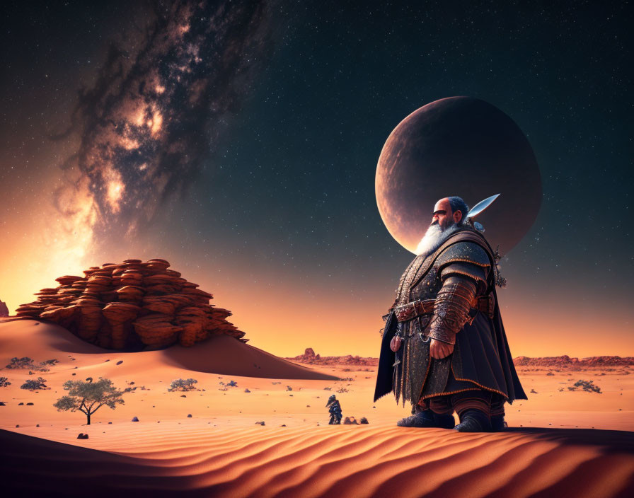 Armored warrior in desert at dusk with large moon and starry sky.