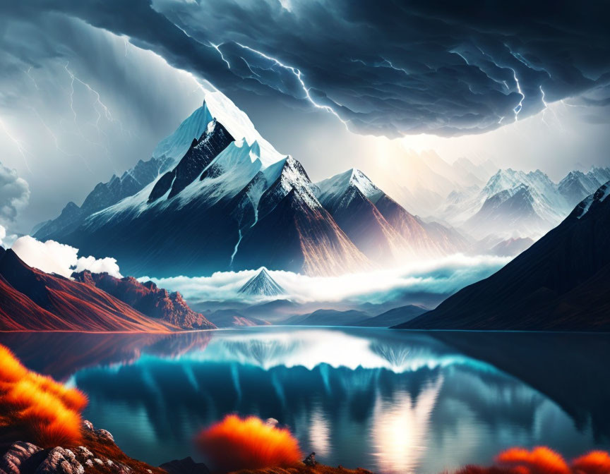 Snow-capped mountains reflected in serene lake under stormy sky