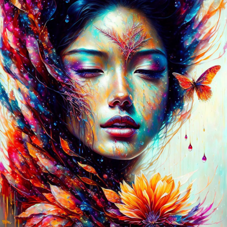 Colorful Artwork Featuring Woman with Cosmic and Floral Elements