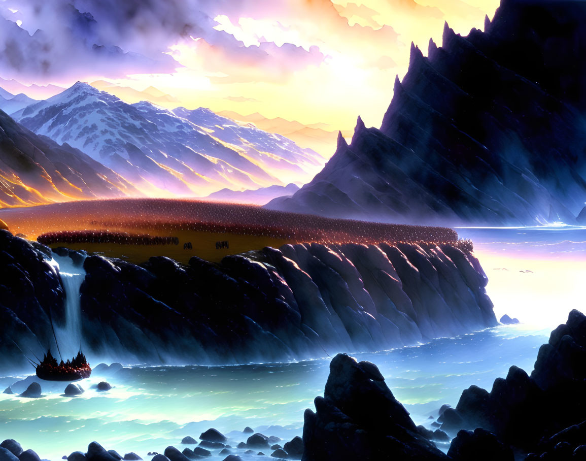 Vibrant sunset over snowy mountains with Viking ship and mystical waterfall