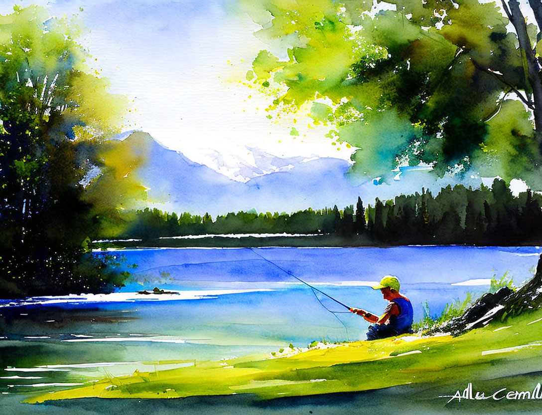 Serene fishing scene by a lake with lush greenery in vibrant watercolor