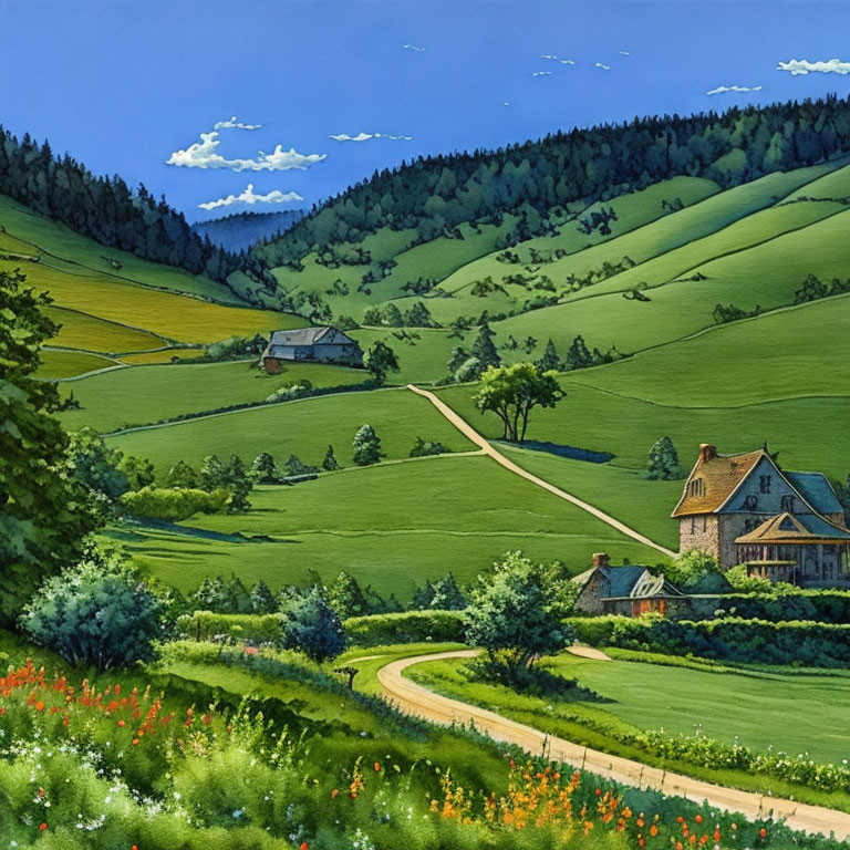 Vibrant rural landscape: rolling green hills, winding road, houses, blue sky.