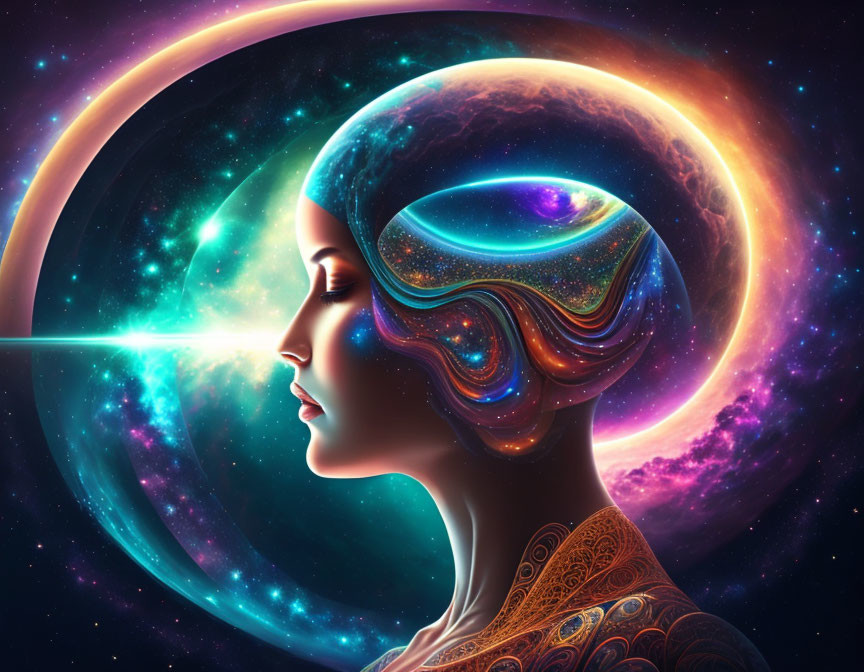 Digital artwork: Woman's profile merged with cosmic elements and vibrant nebulas