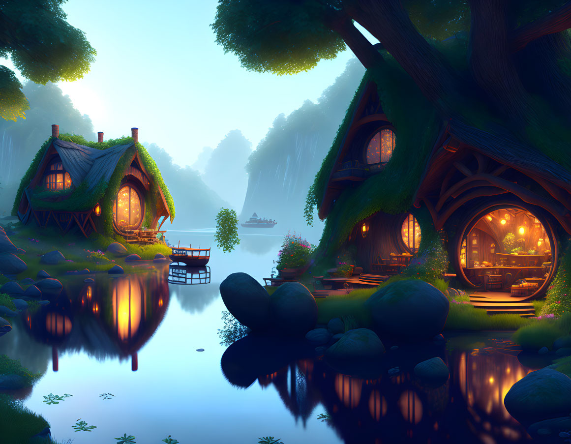 Tranquil fantasy dusk scene with cozy treehouses, illuminated windows, calm lake, distant boat,