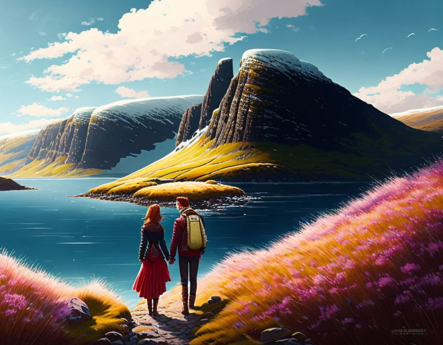 Couple holding hands in purple flora by serene lake and cliffs