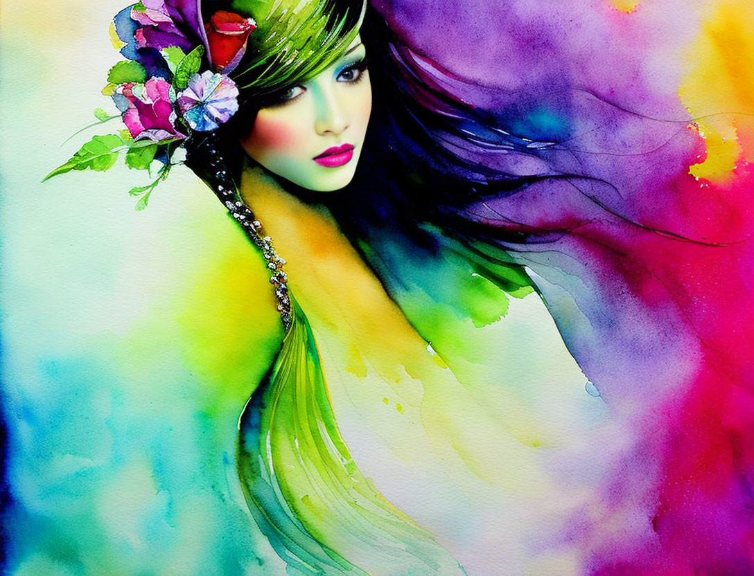 Colorful Watercolor Illustration of Woman with Flowers in Hair