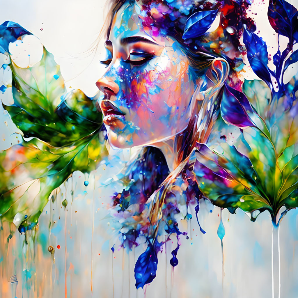 Colorful side profile artwork of a woman with closed eyes and abstract floral elements