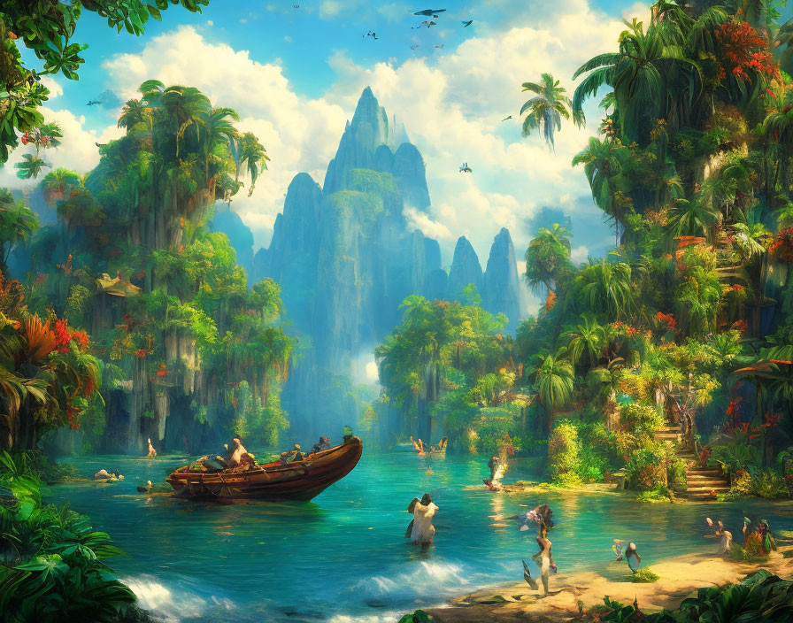 Tropical river scene with lush greenery, mountains, boat, and people enjoying water