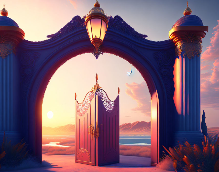 Ornate gate revealing serene beach at sunset with vibrant sky hues and birds in flight