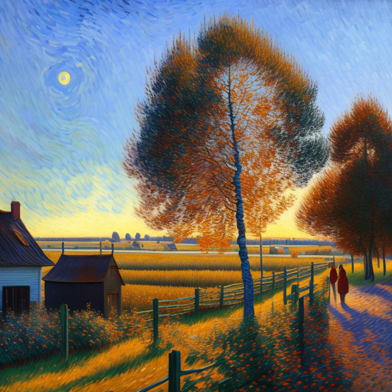 Post-Impressionist Style Landscape Painting with Dusk Sky, Moon, Path, Figures, and