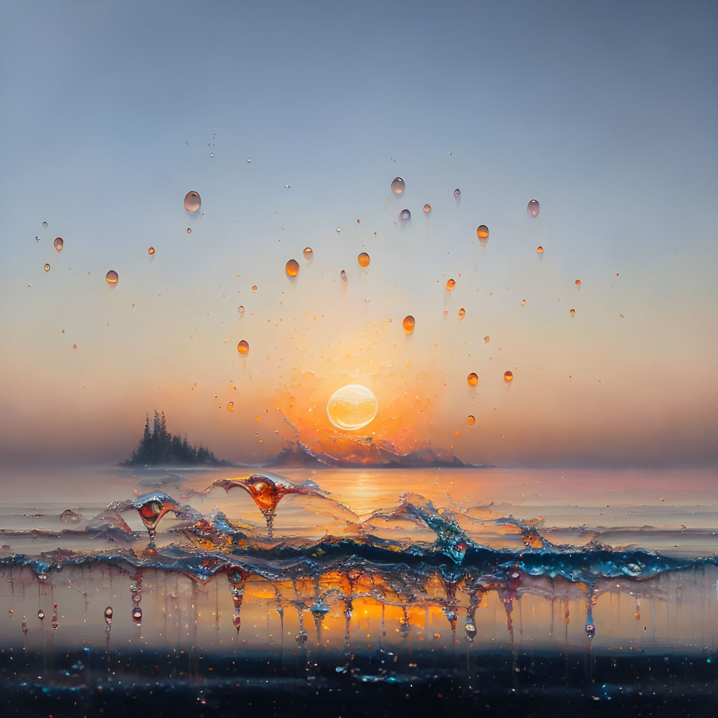 Scattered frozen droplets at vibrant sunrise over water