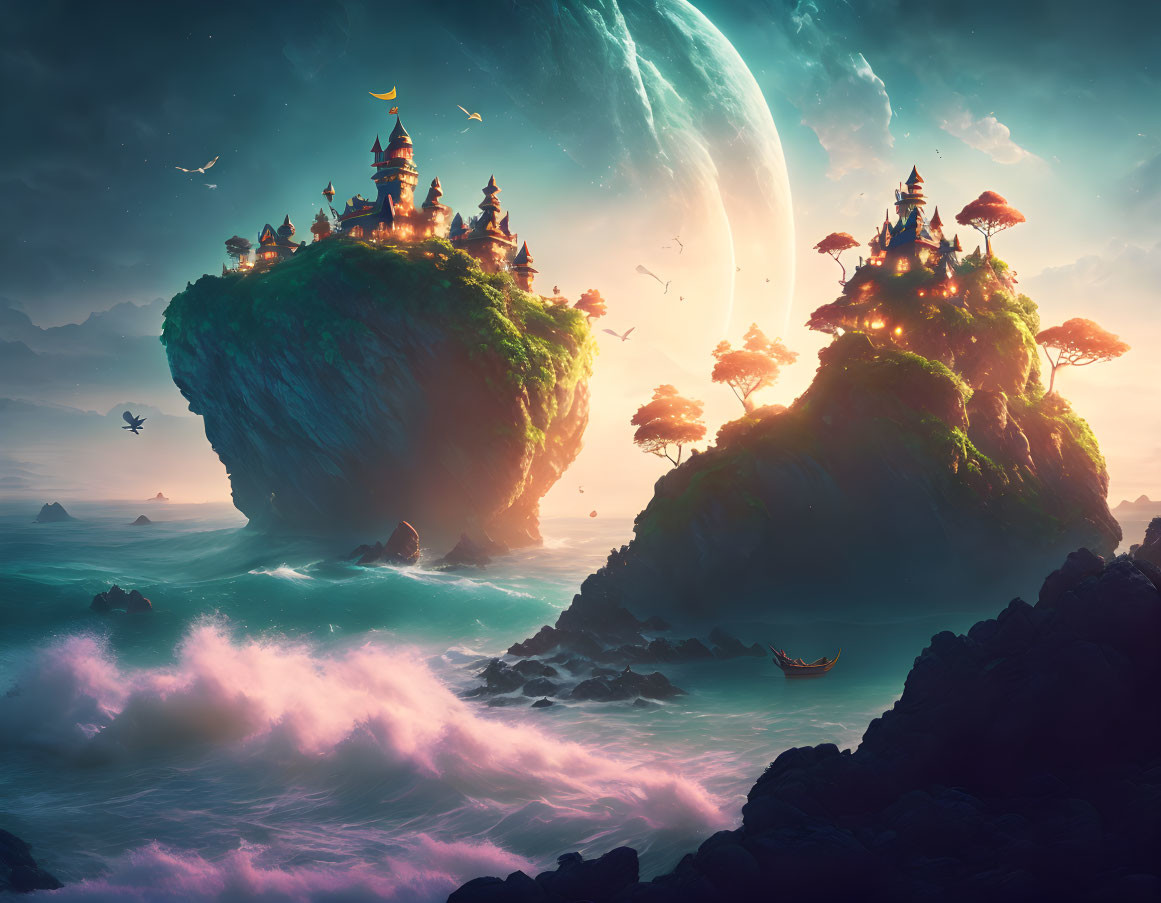 Mystical floating islands with castles above a sea under a large moon