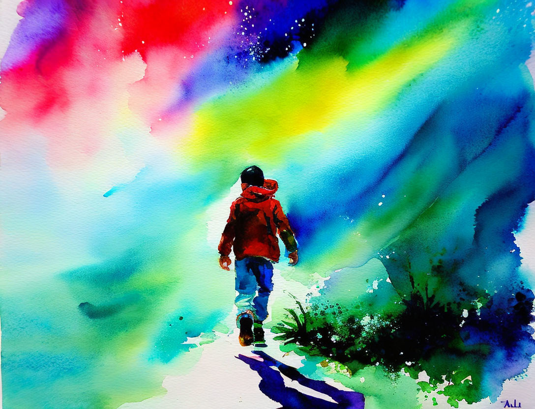 Colorful Watercolor Painting of Child in Red Jacket Walking to Rainbow Background