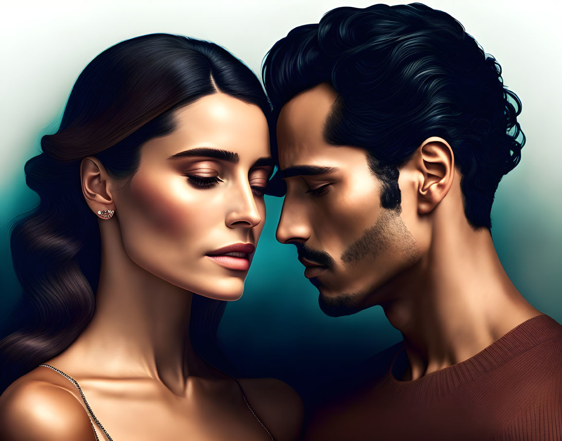 Digital artwork featuring man and woman in close profile, noses almost touching