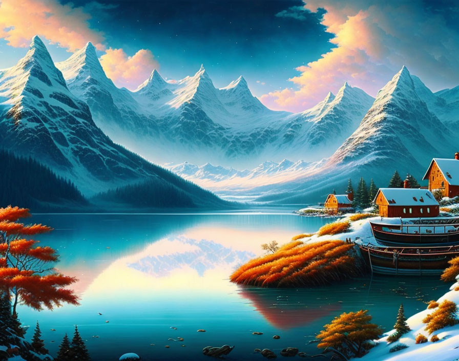 Tranquil landscape with lake, snowy mountains, autumn trees, and houses