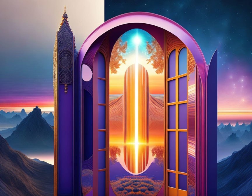 Vibrant digital artwork: surreal fantasy landscape with mountains and sunrise