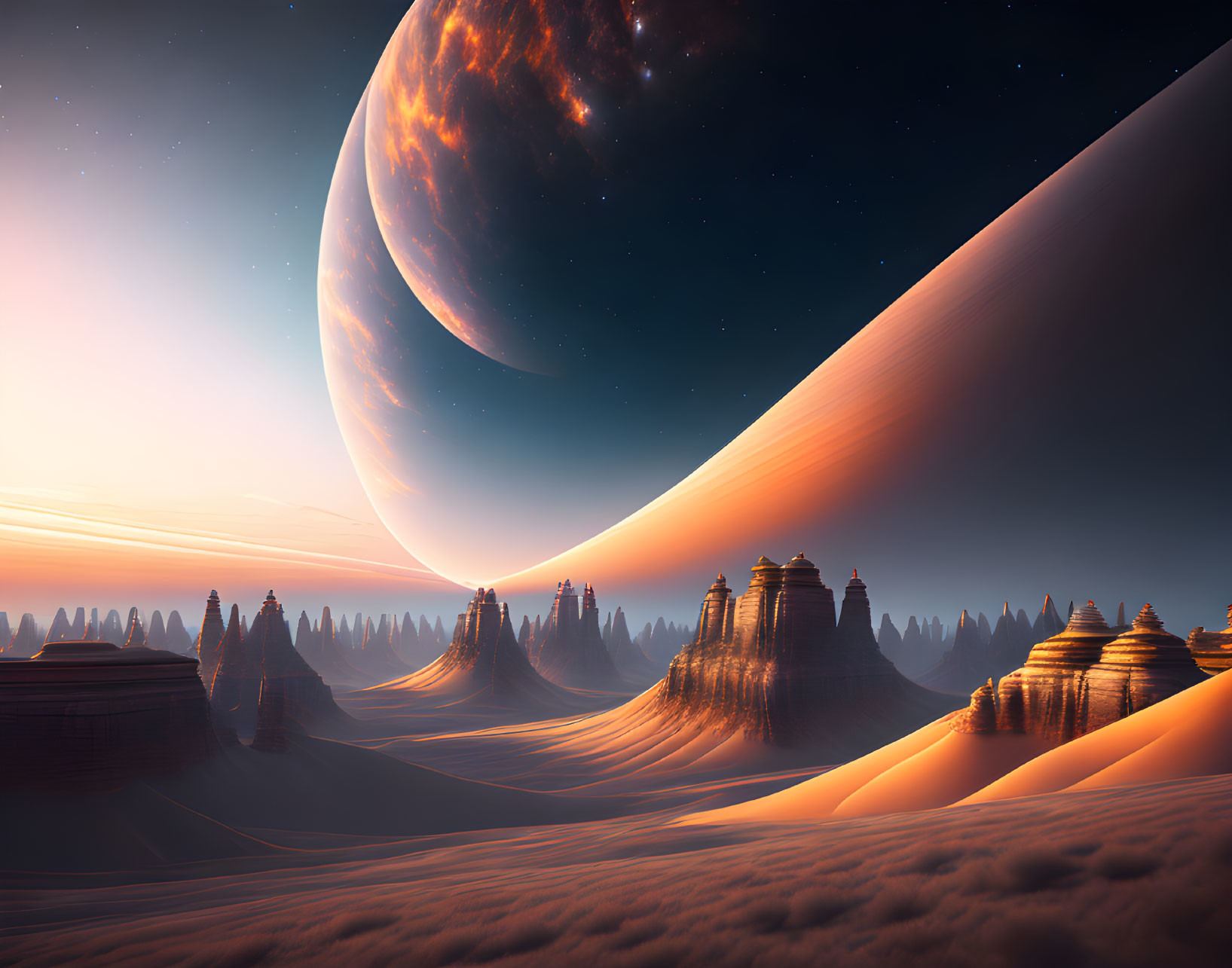 Majestic alien buttes in serene sci-fi landscape