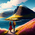 Couple holding hands in purple flora by serene lake and cliffs