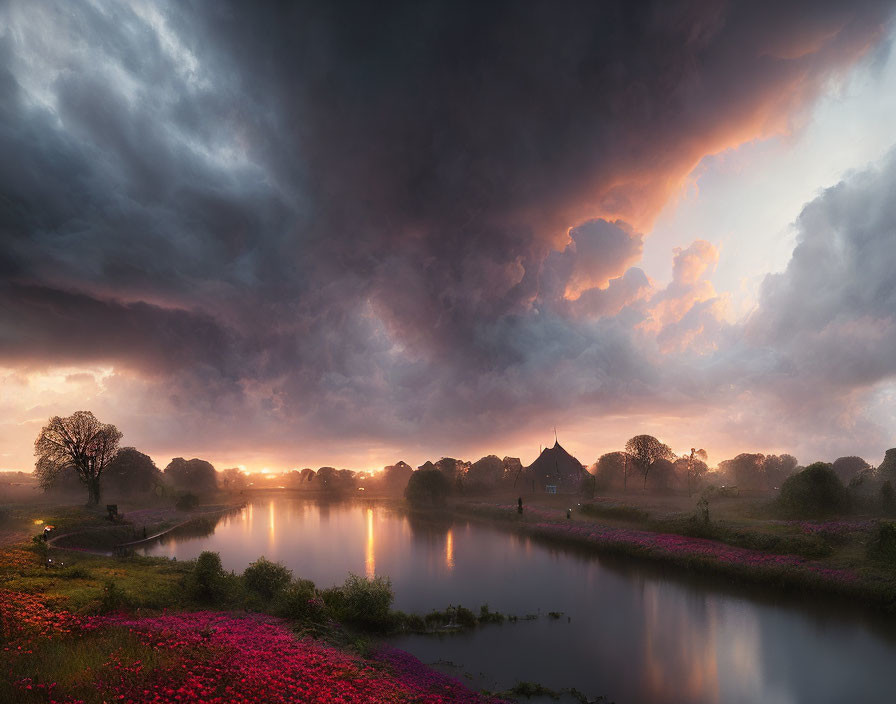 Scenic sunset over river with red flowers, silhouetted trees, and stormy clouds reflecting