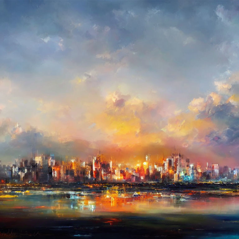 Vibrant Impressionist City Skyline Painting at Dusk