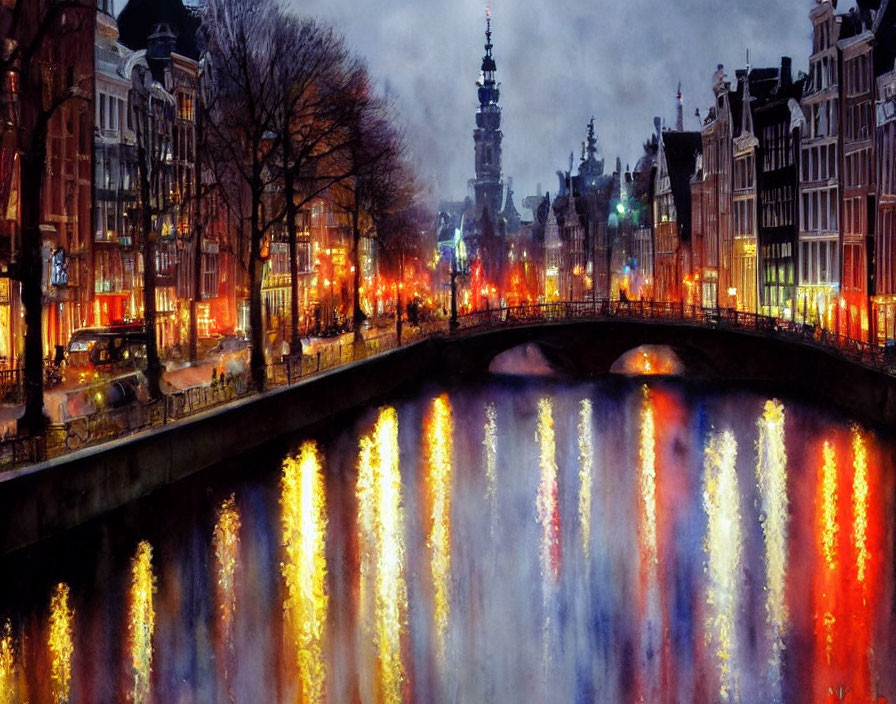 Vibrant evening canal scene in Amsterdam with illuminated buildings and bridges.