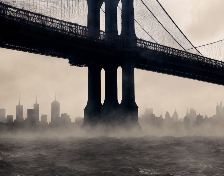 Silhouette of bridge against moody sky with mist and cityscape.