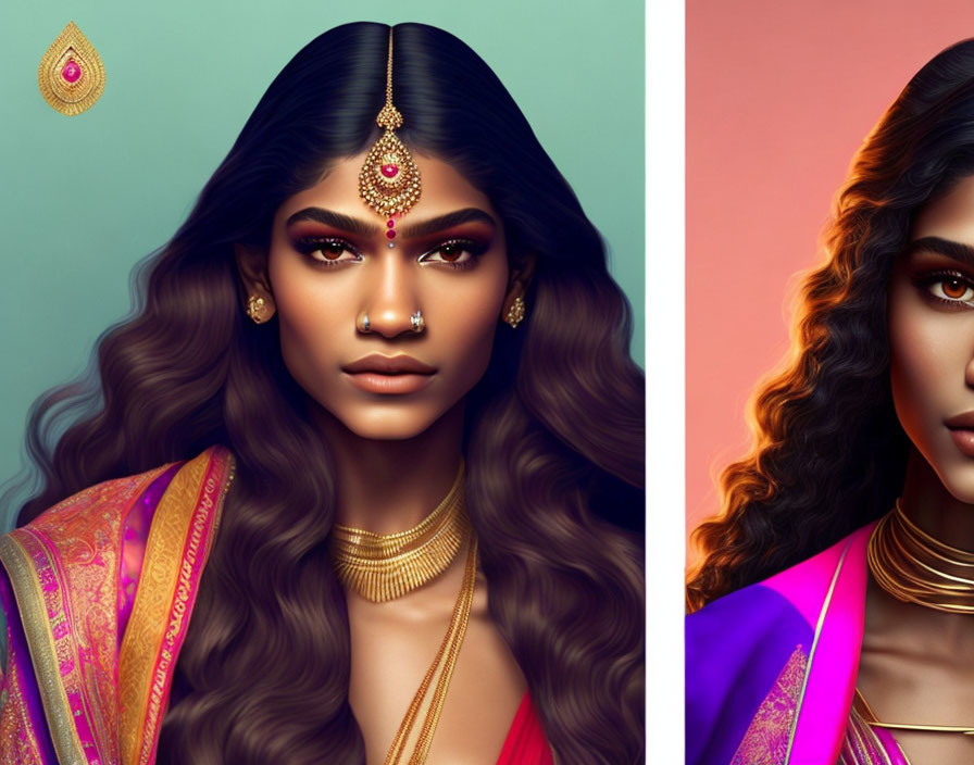 Vibrant digital artwork featuring two women in traditional Indian attire