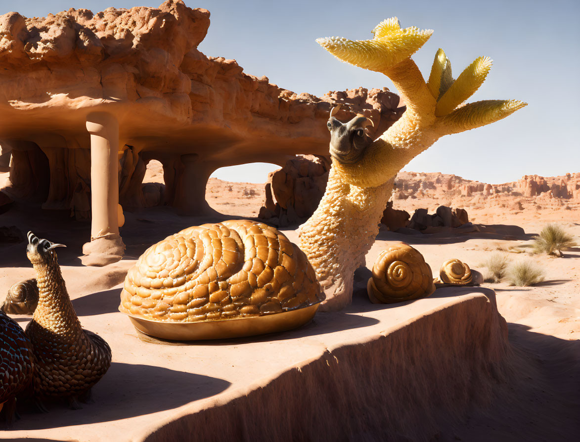 Desert Scene with Oversized Snail Sculptures and Rock Arches