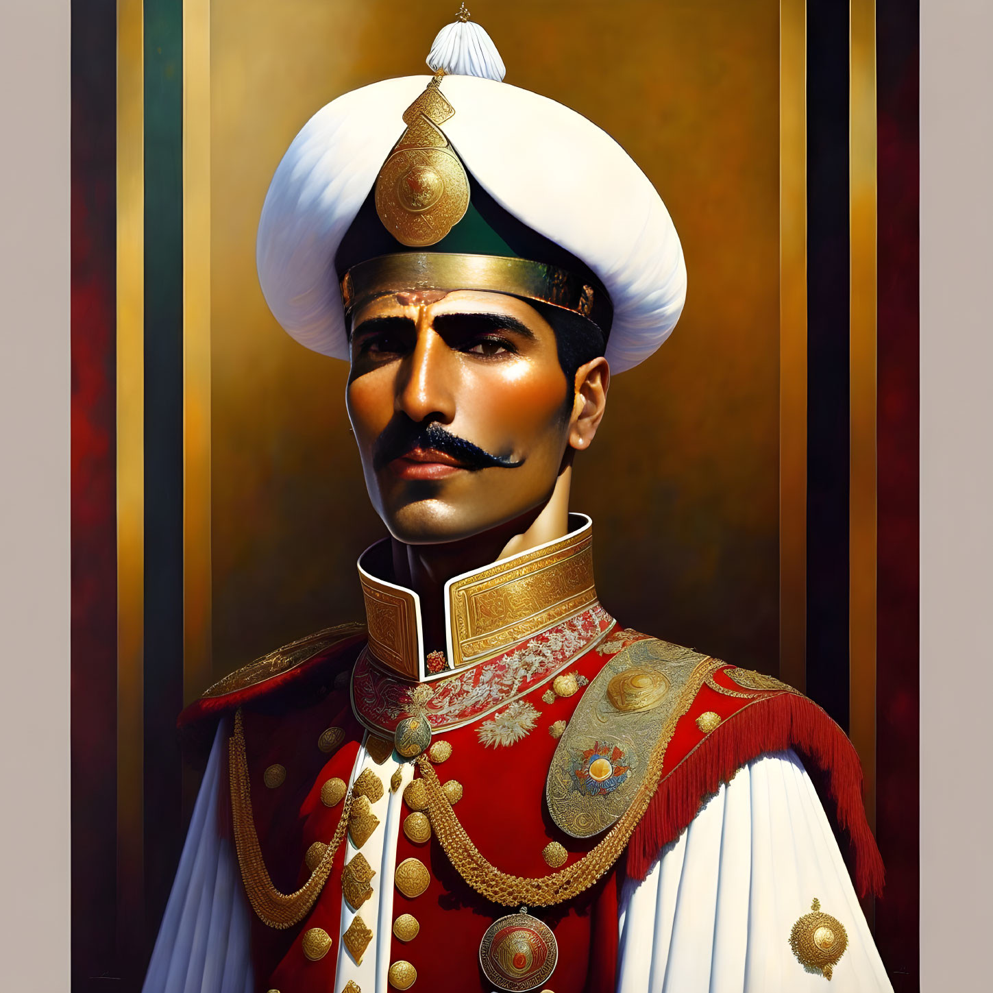 Traditional Military Attire Portrait with White Uniform and Turban