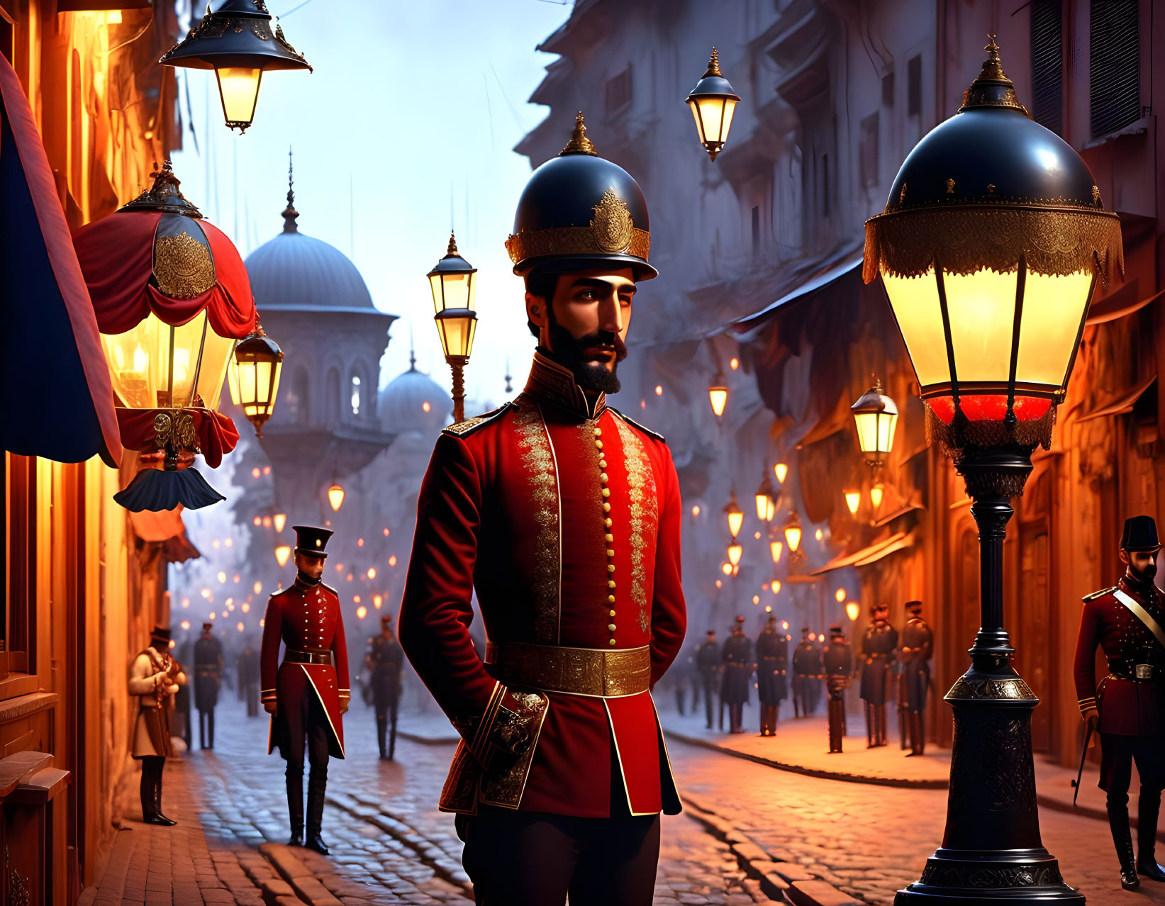 Digital art: Man in military uniform on historic street at dusk