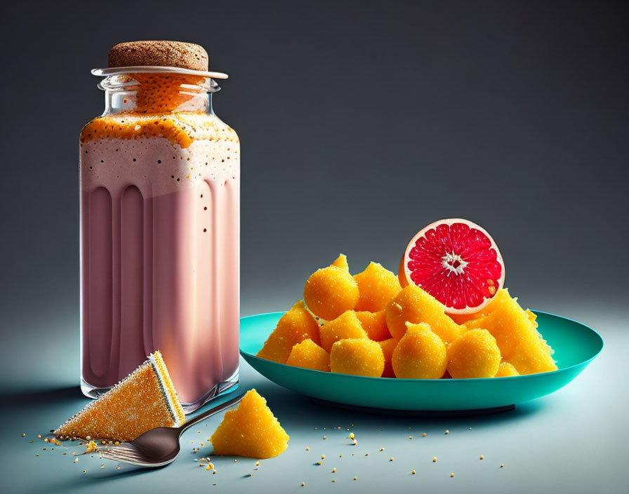 Pink smoothie with froth, diced mango, and grapefruit slice on blue plate